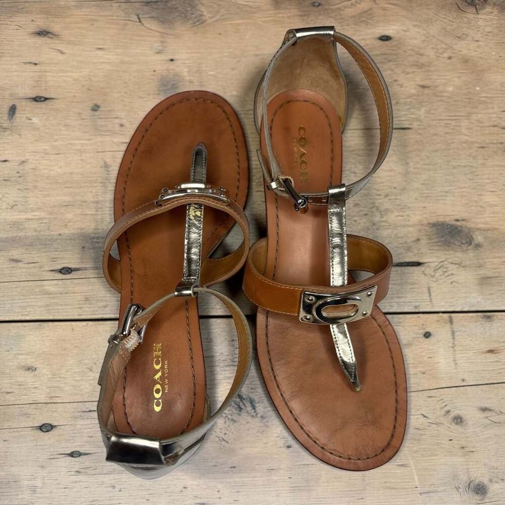 Coach Ines Metallic Wedge Thong Sandal Tan and Silver /Gold Sz 7